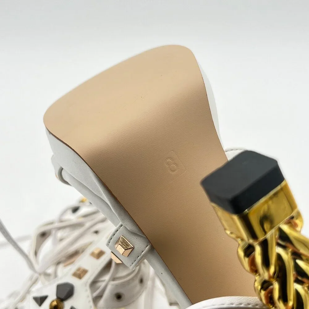 FSJ Ivory Gold Metal Chain Thick High Heel Open Toe Strappy Ankle Buckle Sandals - Picture 6 of 8